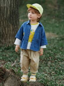 小男童卡通和標語圖案牛仔襯衫