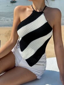 Breezaya Top de punto de dos tonos con tira cruzada de espalda abierta halter