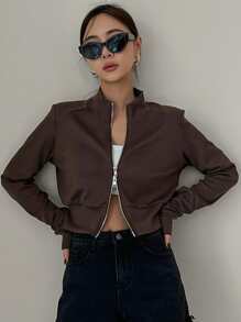 DAZY 1pc Solid Stand Collar Zip Up Sweatshirt - Coffee Brown - View 1