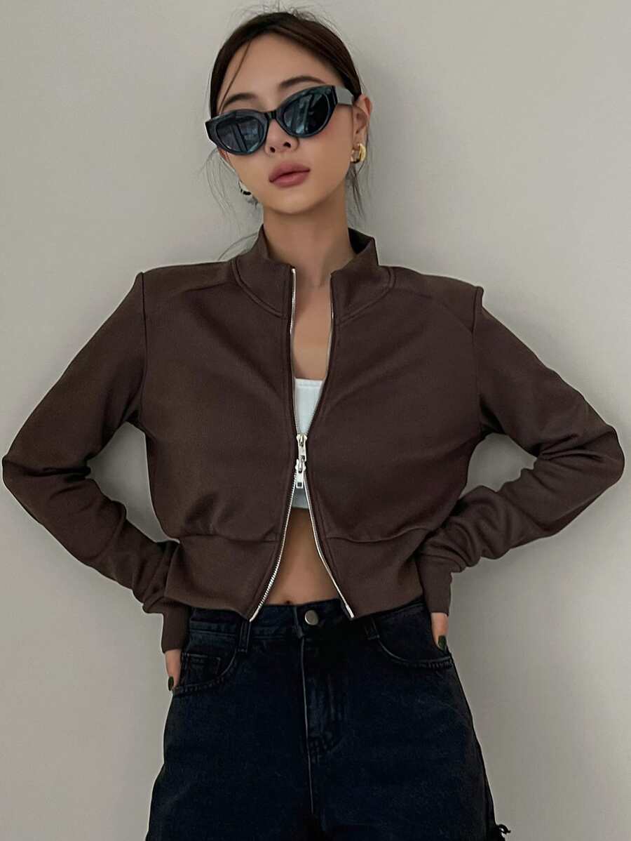 DAZY 1pc Solid Stand Collar Zip Up Sweatshirt - Coffee Brown - View 1