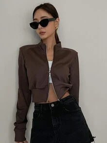 DAZY 1pc Solid Stand Collar Zip Up Sweatshirt - Coffee Brown - View 5