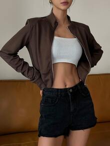 DAZY 1pc Solid Stand Collar Zip Up Sweatshirt - Coffee Brown - View 7