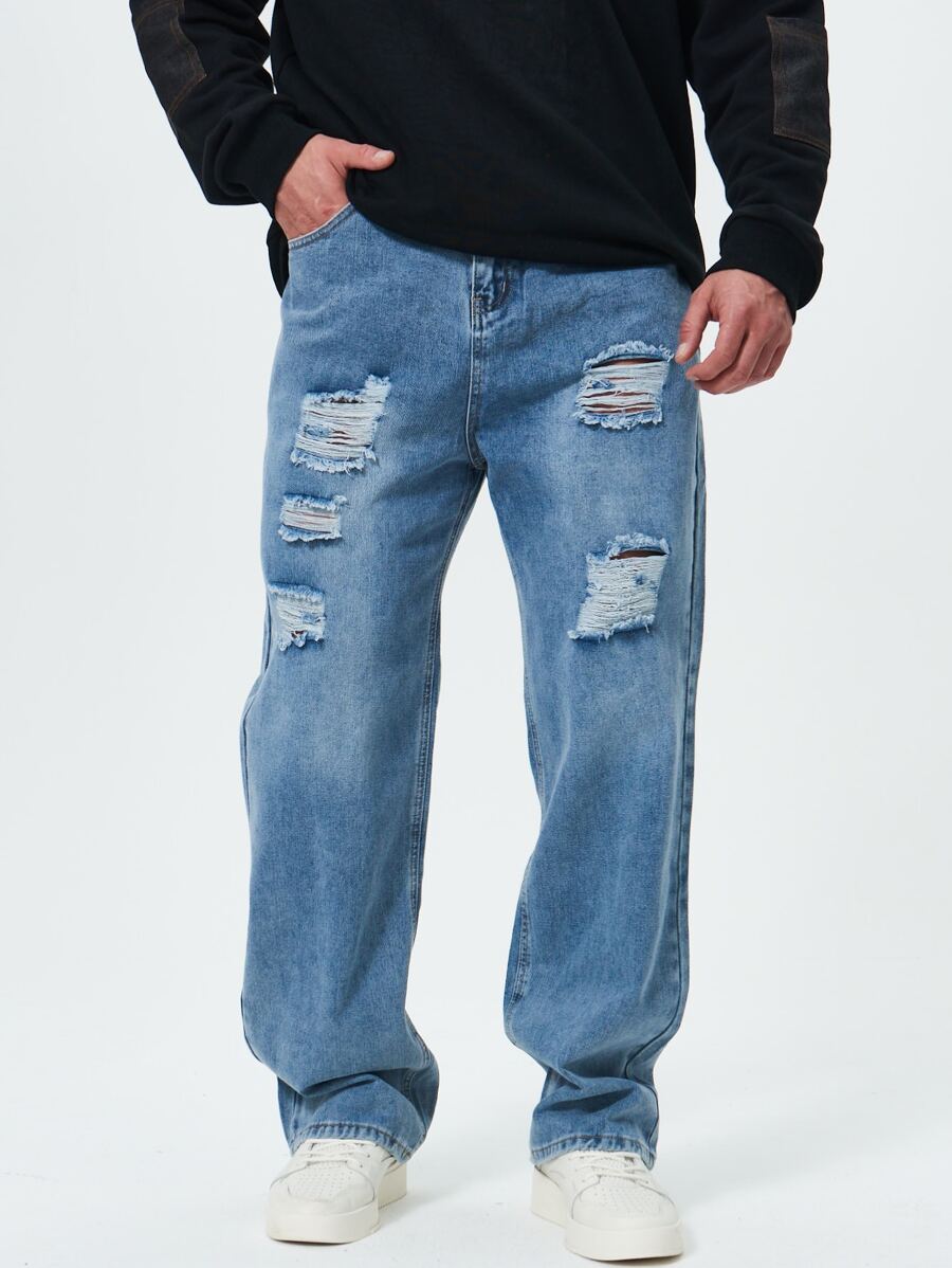 Men Plus Cotton Ripped Frayed Straight Leg Jeans