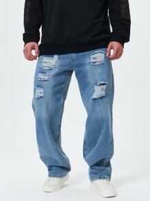 Men Plus Cotton Ripped Frayed Straight Leg Jeans