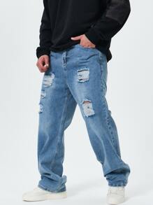 Men Plus Cotton Ripped Frayed Straight Leg Jeans