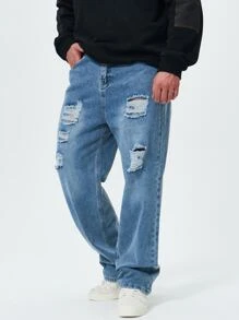 Men Plus Cotton Ripped Frayed Straight Leg Jeans