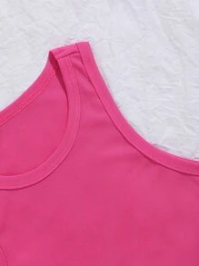 SHEIN EZwear Bộ đồ hai mảnh nữ Gân đan màu trơn Giải trí - Màu Hồng Tươi - Xem 4
