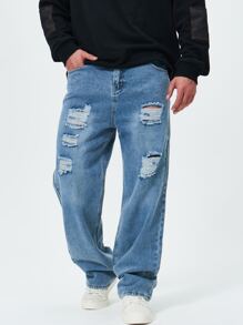 Men Plus Cotton Ripped Frayed Straight Leg Jeans