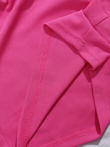 SHEIN EZwear Bộ đồ hai mảnh nữ Gân đan màu trơn Giải trí - Màu Hồng Tươi - Xem 6