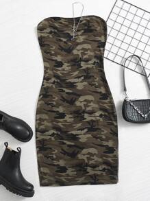 SHEIN EZwear 大碼戶外運動風迷彩印花高衩抹胸洋裝