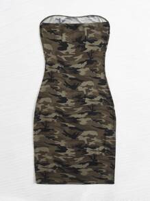 SHEIN EZwear 大碼戶外運動風迷彩印花高衩抹胸洋裝