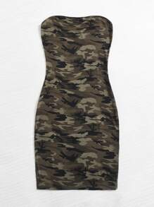 SHEIN EZwear 大碼戶外運動風迷彩印花高衩抹胸洋裝