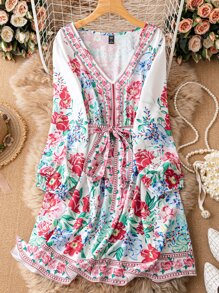 Breezaya 大碼印花繫腰帶洋裝 - 彩色 - 查看 1