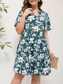 SHEIN LUNE 大碼印花缺口領連衣裙 - 彩色 - 查看 3