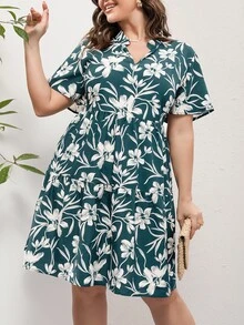 SHEIN LUNE 大碼印花缺口領連衣裙 - 彩色 - 查看 6