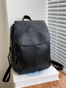 Minimalist Textured Flap Backpack - Black - View 1