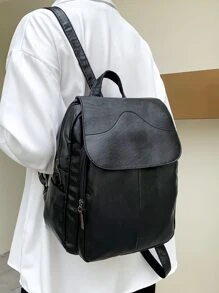 Minimalist Textured Flap Backpack - Black - View 2