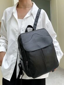 Minimalist Textured Flap Backpack - Black - View 4