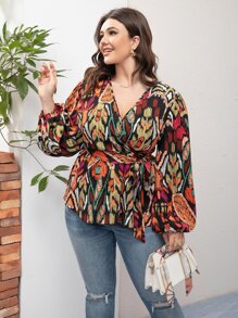 SHEIN LUNE Plus Allover Print Lantern Sleeve Peplum Blouse - Multicolor - View 1
