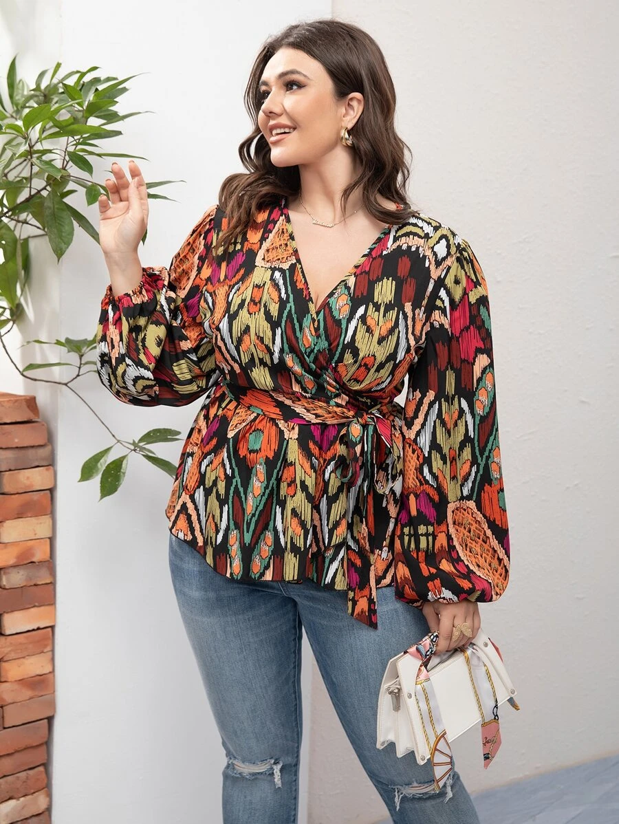 SHEIN LUNE Plus Allover Print Lantern Sleeve Peplum Blouse - Multicolor - View 1