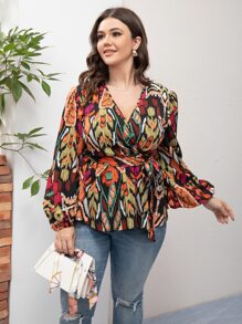 SHEIN LUNE Plus Allover Print Lantern Sleeve Peplum Blouse - Multicolor - View 5
