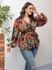 SHEIN LUNE Plus Allover Print Lantern Sleeve Peplum Blouse - Multicolor - View 6