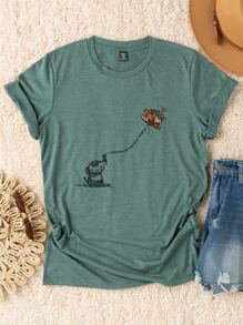 SHEIN LUNE Plus Cartoon & Slogan Graphic Tee - Green - View 1