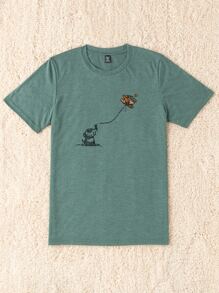 SHEIN LUNE Plus Cartoon & Slogan Graphic Tee - Green - View 4