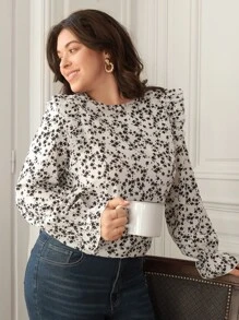 SHEIN Frenchy Blusa floral ribete con fruncido - Blanco y Negro - Ver 1
