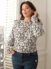 SHEIN Frenchy Blusa floral ribete con fruncido - Blanco y Negro - Ver 4