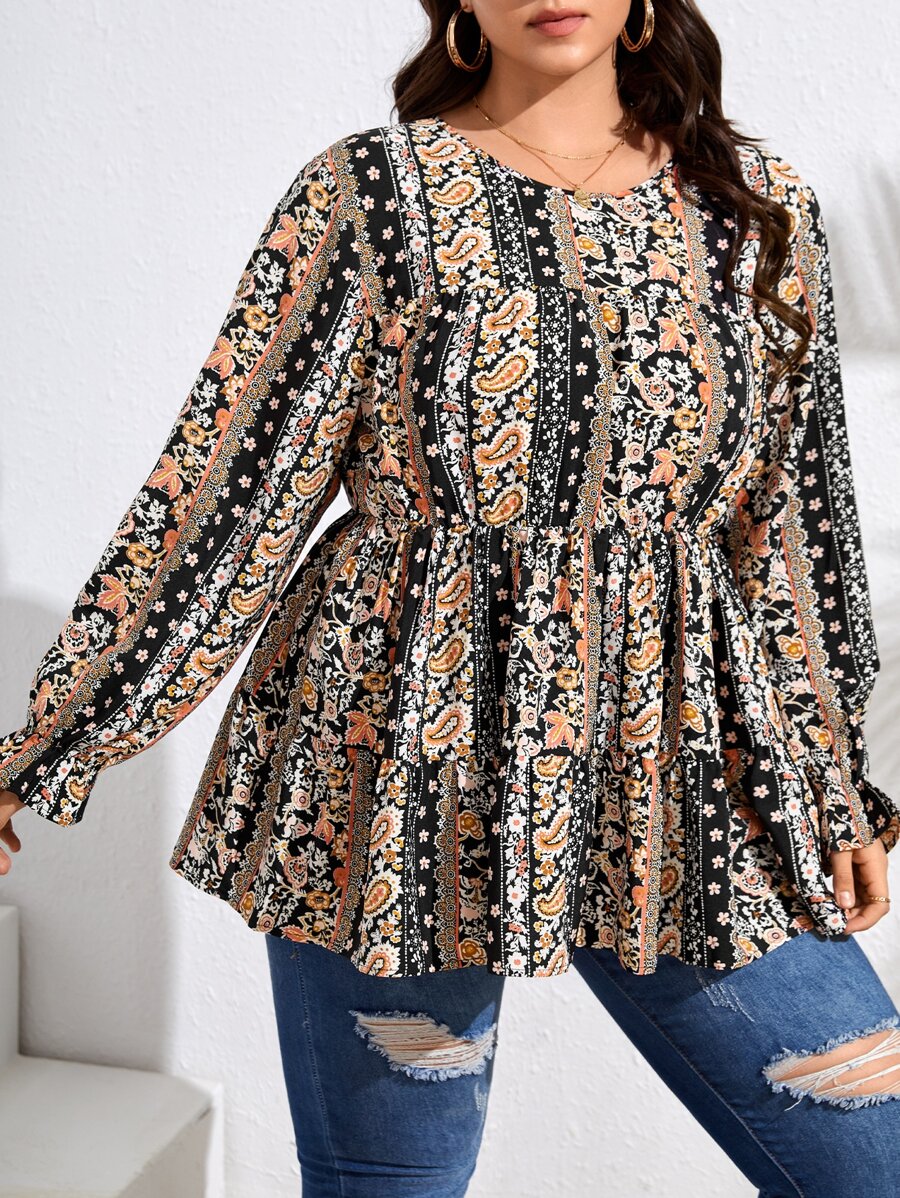 SHEIN VCAY Plus Paisley Print Peplum Blouse - Multicolor - View 1