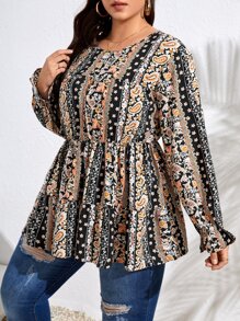 SHEIN VCAY Plus Paisley Print Peplum Blouse - Multicolor - View 4