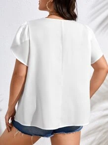 SHEIN LUNE 大碼拼接水溶蕾絲花瓣袖襯衫 - 白色 - 查看 2