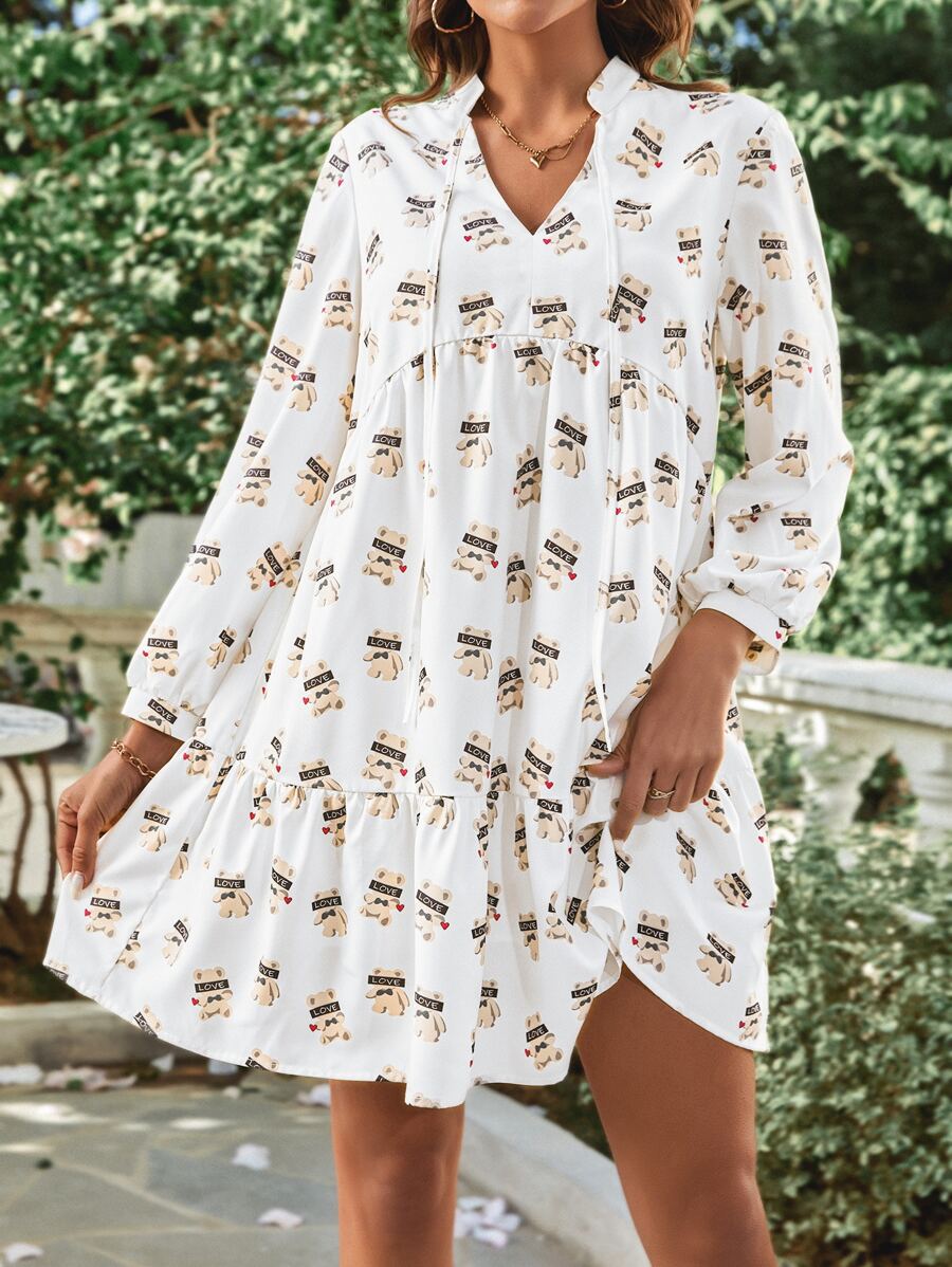SHEIN VCAY Allover Print Tie Neck Ruffle Hem Smock Dress