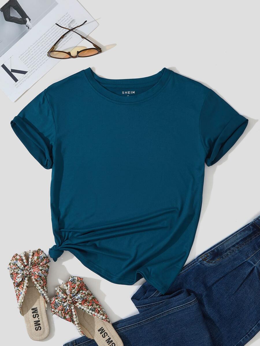INAWLY Solid Round Neck Tee - Teal Blue - View 1