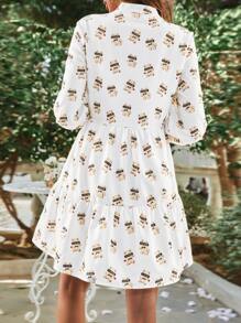 SHEIN VCAY Allover Print Tie Neck Ruffle Hem Smock Dress