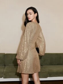 Vestido de manga farol con diseño fruncido con lentejuelas - Champán - Ver 2
