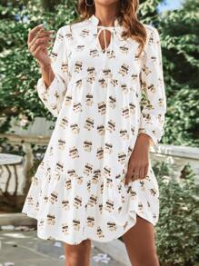 SHEIN VCAY Allover Print Tie Neck Ruffle Hem Smock Dress
