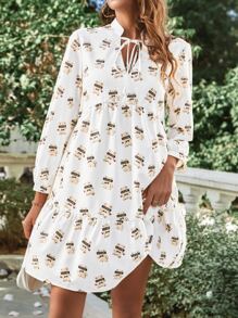 SHEIN VCAY Allover Print Tie Neck Ruffle Hem Smock Dress
