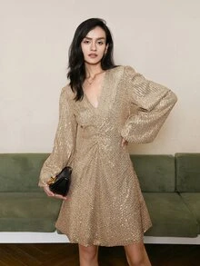 Vestido de manga farol con diseño fruncido con lentejuelas - Champán - Ver 6