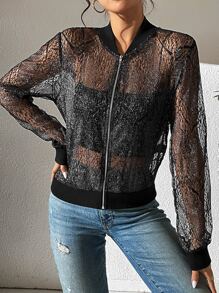 SHEIN LUNE Zip Up Organza Bomber Jacket - Black - View 5