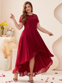 Plus Lace Panel High Low Hem Chiffon Dress - Burgundy - View 1