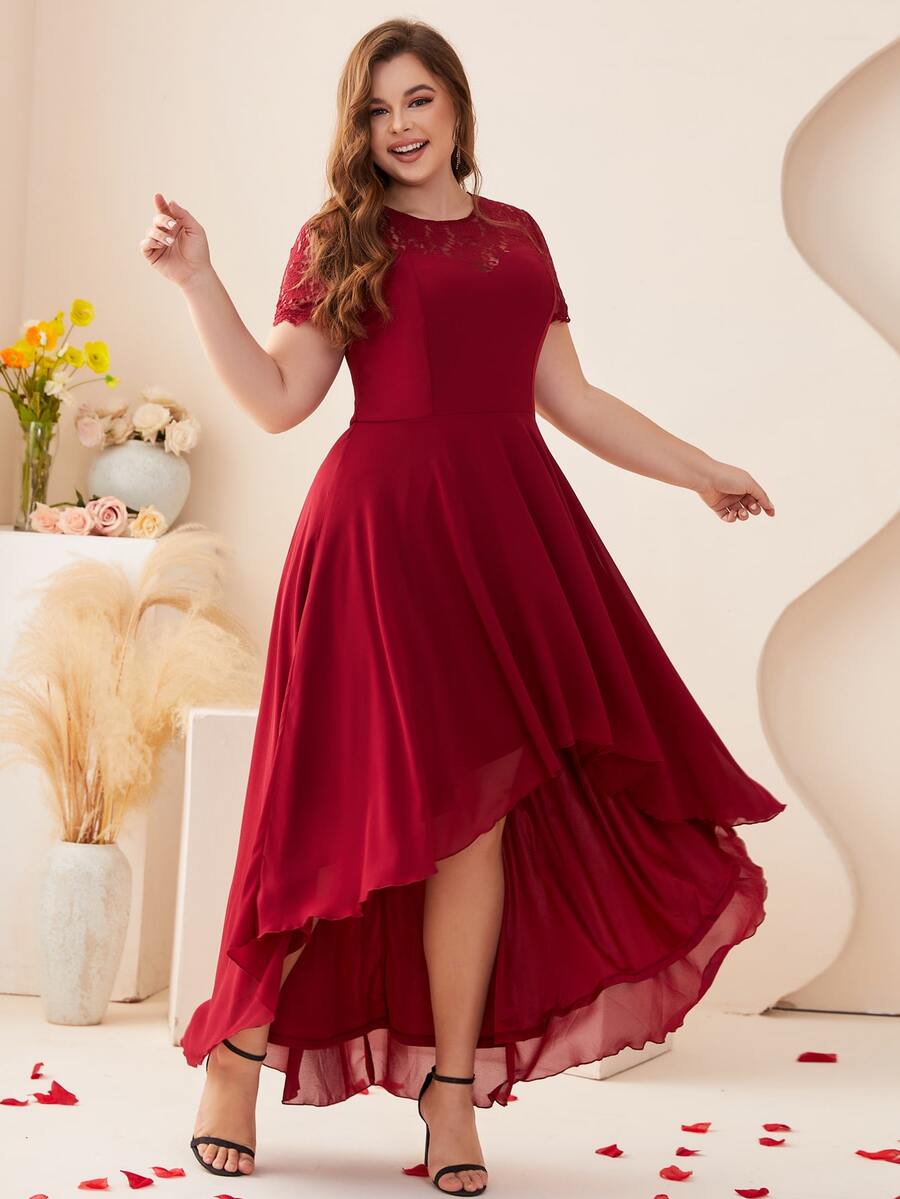 Plus Lace Panel High Low Hem Chiffon Dress - Burgundy - View 1