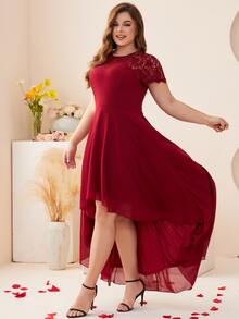 Plus Lace Panel High Low Hem Chiffon Dress - Burgundy - View 5