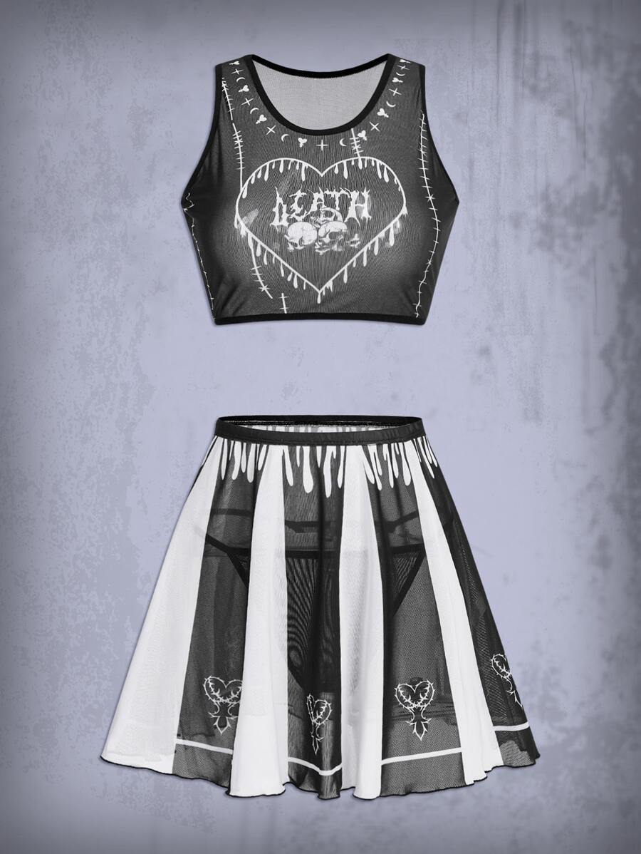 ROMWE Goth 3pack Letter Skull Graphic Lingerie Set - Black and White - View 1