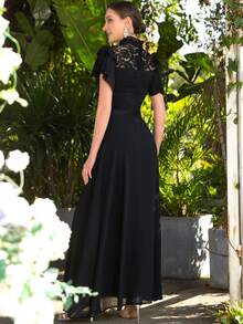 MIUSOL Suknia Kontrastowa strona Kwiatowa koronka Rękaw Motylkowy Maks - Czarne - Zobacz 2