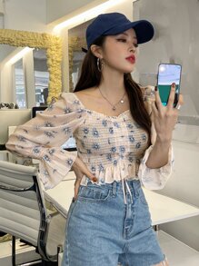 DAZY Floral Print Frill Trim Shirred Flounce Sleeve Crop Blouse Festival,Fall Women Clothes Long Sleeve Top
