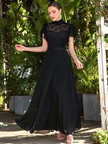 MIUSOL Suknia Kontrastowa strona Kwiatowa koronka Rękaw Motylkowy Maks - Czarne - Zobacz 3