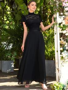 MIUSOL Suknia Kontrastowa strona Kwiatowa koronka Rękaw Motylkowy Maks - Czarne - Zobacz 4