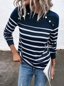 SHEIN LUNE 條紋印花紐扣細節T恤 - 藏蓝色 - 查看 1